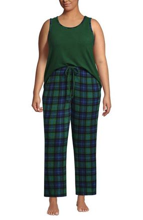 Lands End Brushed Cozy Waffle Jersey 3 Piece Pajama Set - Tank Top Pant and Robe in Light Emerald Blackwatch at Nordstrom, Size 1X