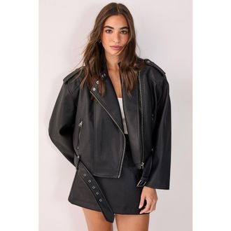 NASTY GAL Belted Faux Leather Biker Jacket in Black at Nordstrom, Size 12