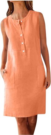 Generic Linen Dresses for Women UK Solid Round Neck Sleeveless Dress Ladies Summer Tank Dress with Pockets Button Down Casual Loose Mini Shift Dresses Boho Co