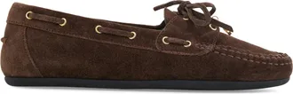 Ferragamo Moccasin-Inspired Brown Suede Flats with Gold-Tone Eyelets