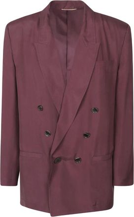Saint Laurent Dubbelrijige Jas in Zijde Habotai - Dames - Blazers - Paars - S - Jassen