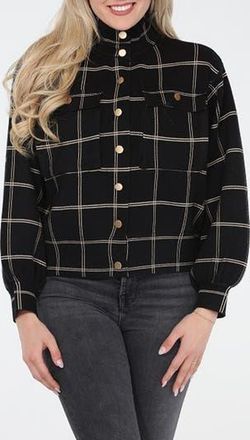 Rain + Rose Windowpane Mock Neck Snap Jacket in Black Multi at Nordstrom Rack, Size X-Large