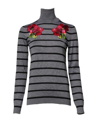 Dolce & Gabbana Womens Floral-Embroidered Striped Sweater Gray Cashmere Silk