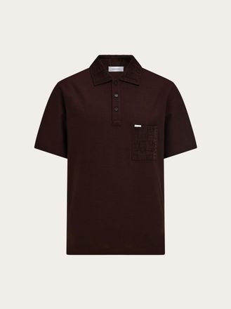 Ferragamo Men V-neck polo with jacquard pocket detail Brown