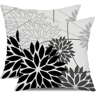 OEM Fundas De Coj&iacute;n Decorativas Con Estampado Floral En Negro Y Gris, 45 X 45 Cm, Juego De 2 Piezas, Impermeables Para Exteriores, De Poli&eacute;ster, Aptas Par