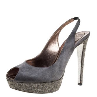 Rene Caovilla Grey Satin Peep Toe Slingback Platform Sandals