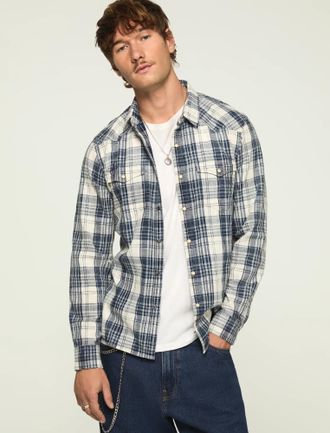 Lucky Brand Mens Indigo Twill Long Sleeve Western Shirt