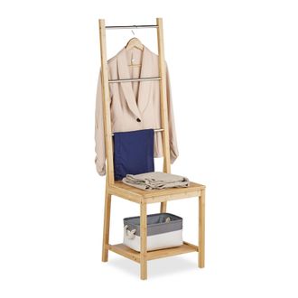 Relaxdays Gal&aacute;n De Noche Con Balda, Bamb&uacute;, Acero Inoxidable, 133x40x42cm, Silla Perchero, Soporte Toallas, Natural/plata - Relaxdays