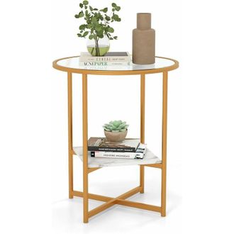 Costway Costway - Mesas Auxiliares de Vidrio, 50 cm Mesitas de Café Redonda de 2 Niveles con Estante de Almacenamiento de Mármol Artificial, Mesa de Centro