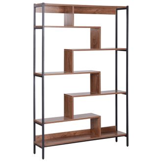 Beliani Estanter&iacute;a De 6 Niveles Estantes De Madera Oscura Marco De Acero De Metal Negro Almacenamiento Con Respaldo Abierto Industrial Daven