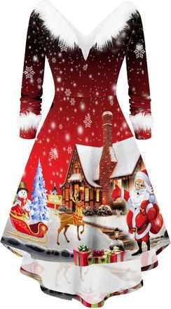 Generic Christmas Dresses Women Xmas Long Sleeve Long Dress with Faux Fur Collar Vintage Dress Flattering V Neck A Line Midi Swing Elegant Evening Cocktail So