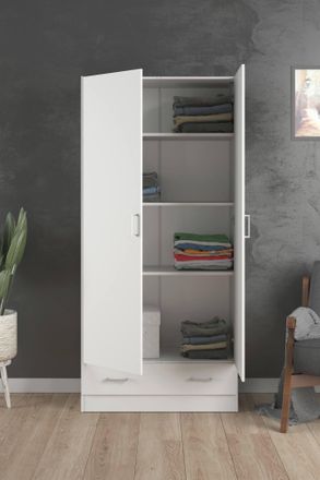 Dmora Armario 2 Puertas 1 Caj&oacute;n 79,4x170,4x35,7, Estructura En Chapa Laminada, Blanco, Con Embalaje Reforzado