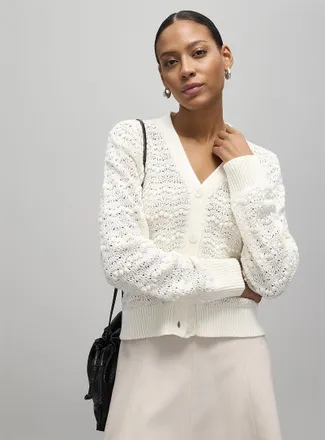 Contemporaine Womens Waves and pompons textured Cardigan Sweater