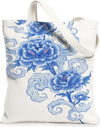 Generic Blue Floral Canvas Tote Bags, Vintage Artistic Design Reusable Grocery Bags, Lightweight Washable Shoulder Strap Canvas for, Blue, 13x15 Inch