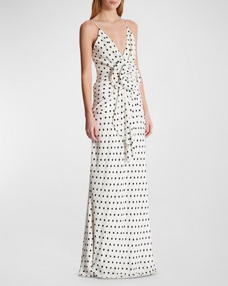 Balmain Plunging Rose Polka-Dot Sleeveless Gown