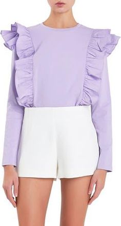 English Factory Poplin Ruffle Trim Shirt in Lilac at Nordstrom Rack, Size X-Small