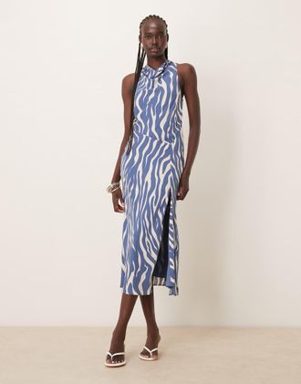 Abercrombie & Fitch cowl neck maxi dress with thigh slit in blue animal print