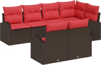 vidaXL Conjunto De Sof&aacute; De Jard&iacute;n 7 Uds. Marr&oacute;n Y Rojo Rat&aacute;n Sint&eacute;tico Vidaxl