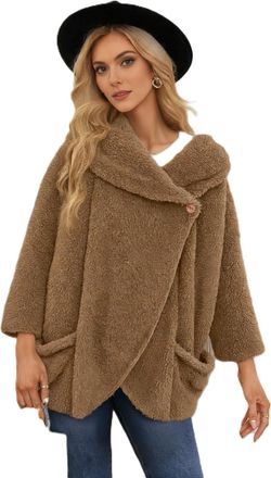 Generic Women Fluffy Teddy Coat Shawl Collar Cardigan Top Autumn Pullover with Button Ladies Teen Girls Winter Warm Lounge Wear Thick Plush Sweatshirts with P
