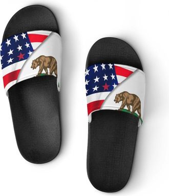 Generic U.S. Flag And California State Flag Unisex Beach Slippers & Pool Slides Anti-Slip House Shoes for Home Outdoor