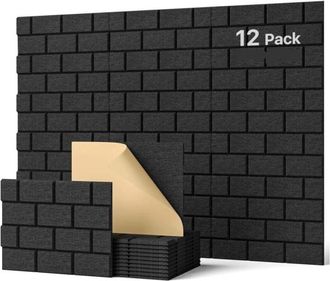 OEM Paquete De 12 Paneles Ac&uacute;sticos Rectangulares Autoadhesivos Negros De 30 X 40 X 0,9 Cm, Tipo Ladrillo, Para Tratamiento Ac&uacute;stico Y Decoraci&oacute;n De Pared