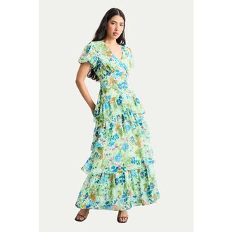 Warehouse Waist Puff Sleeve Tiered Midi Dress in Green at Nordstrom, Size 10