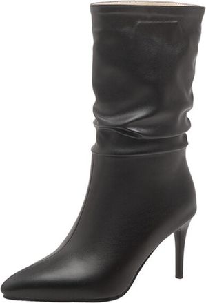 Generic Womens Slouchy Mid Calf Boots Pointed Toe Stiletto Heel Metallic Faux Leather Slip On Comfortable Non Slip Durable Stylish for Evening Party Prom,Blac