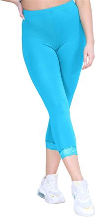 Janisramone Womens Ladies New Lace Trim Plain 3/4 Length Leggings Gym Stretch Capri Cropped Jogging Pants Turquise
