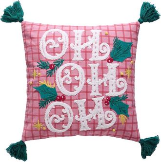 Peking Handicraft Plaid Ho Ho Ho With Tassels Pillow
