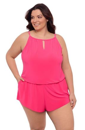 Aqua Green Plus Size Keyhole Blouson Slimming Swimsuit Romper with Pockets in Rose Quartz at Nordstrom, Size 2X
