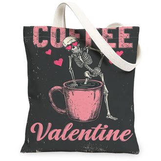 Generic Valentine Skeleton Coffee Canvas Tote Bags, Cute Gothic Design Reusable Grocery Bags, Lightweight Washable Shoulder Strap C, Black, 13x15 Inch