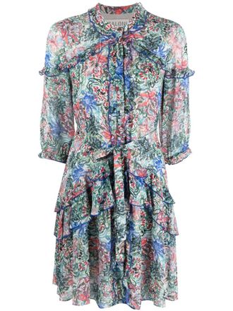 Saloni floral-print silk ruffled minidress - Green