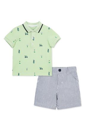 Little Me Golf Print Cotton Polo & Stripe Shorts Set in Blue at Nordstrom, Size 18M