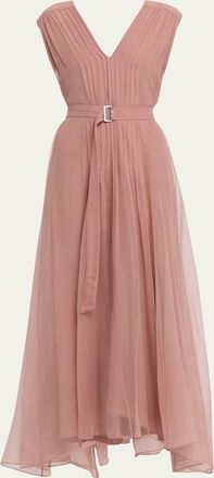 Brunello Cucinelli Belted Pintuck Silk Chiffon Gown