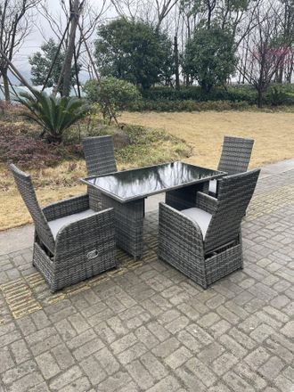 Fimous Outdoor PE Wicker Rattan Garden Furniture Reclining Chair & Table Dining Sets 4 Seater RectangularTable in Dark Grey