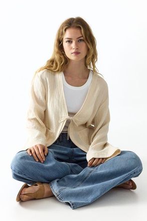 H&M Tie-front muslin jacket in Light Beige at Nordstrom, Size Xx-Large