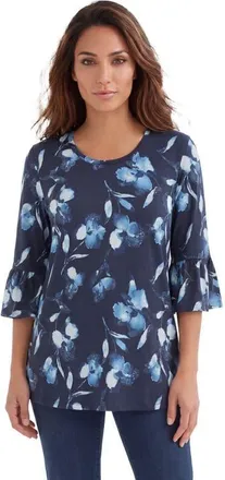 Roaman's Plus Size Cotton Ultimate Bell Sleeve Tee in Navy Iris Floral at Nordstrom, Size 32