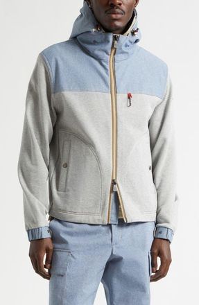 Moncler Cotton Fleece & Chambray Zip Sweatshirt in Grey Melange at Nordstrom, Size Medium