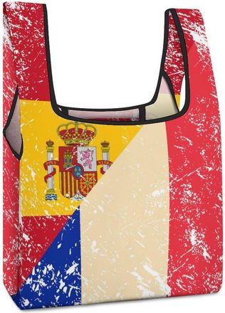 Generic France And Spain Vintage Flag Reusable Shopping Bags Lightweight Foldable Grocery Bag Polyester Washable Tote Bag