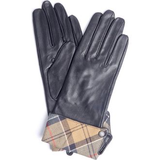 Barbour Lady Jane Tartan Cuff Leather Gloves in Black/dress Tartan at Nordstrom, Size Large