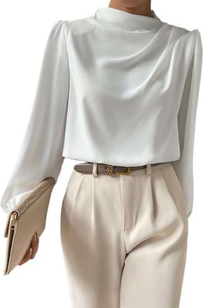 Generic Long Sleeve Satin Blouse for Women UK Elegant Cowl Neck Puff Shoulder Top with Drape Front Smooth Formal Shirt for Office Wear Evening Occasions or Sp