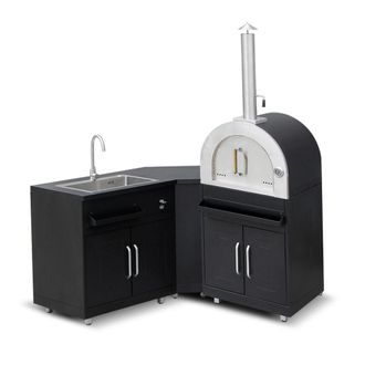 Oviala Cocina exterior met&aacute;lica con 3 fregaderos y horno de pizza