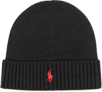 Polo Ralph Lauren Logo-Geborduurde Wollen Beanie - Heren - Hoeden - Zwart - ONE Size - Wol - Accessoires