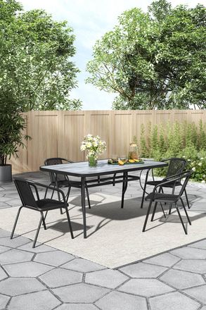 Living and Home Garden Tempered Glass Rectangle Table with 4 Rattan Stacking Chairs in Grey