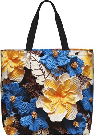 Generic Yellow And Blue Flowers Tote Bag Durable Carry Bag Eco Friendly Handbags For Picnic Yoga Work