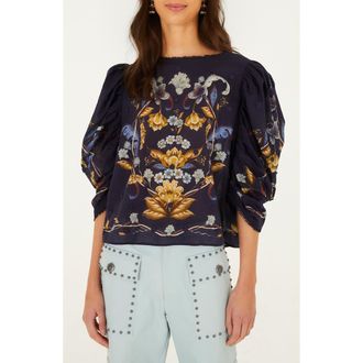 Farm Rio Golden Nature 3D Floral Picot Trim Top in Golden Nature Navy B at Nordstrom, Size Xx-Small