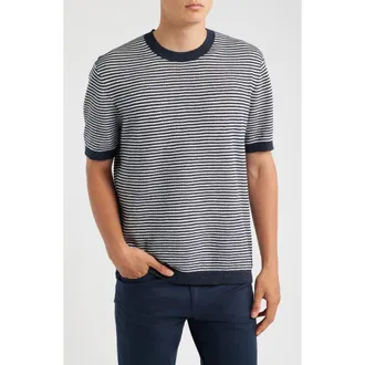 Theory Kolben Stripe Linen & Cotton Blend T-Shirt in New Baltic/winter Ivory - 2Sc at Nordstrom, Size Xx-Large