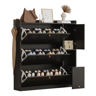 STILVORA Mueble Zapatero Con 3 Compartimentos Abatibles, 1 Caj&oacute;n, Estantes Ajustables Y Banco Plegable, Tablero De Part&iacute;culas, Negro, 119&times;24&times;122 Cm