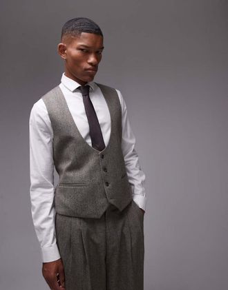 Topman premiumn wool mix striped herringbone vest in brown-Gray