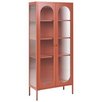 Beliani Vitrina De Metal 181 Cm Vidrio Expositor 2 Puertas Oficina Marr&oacute;n Dorado Foxton